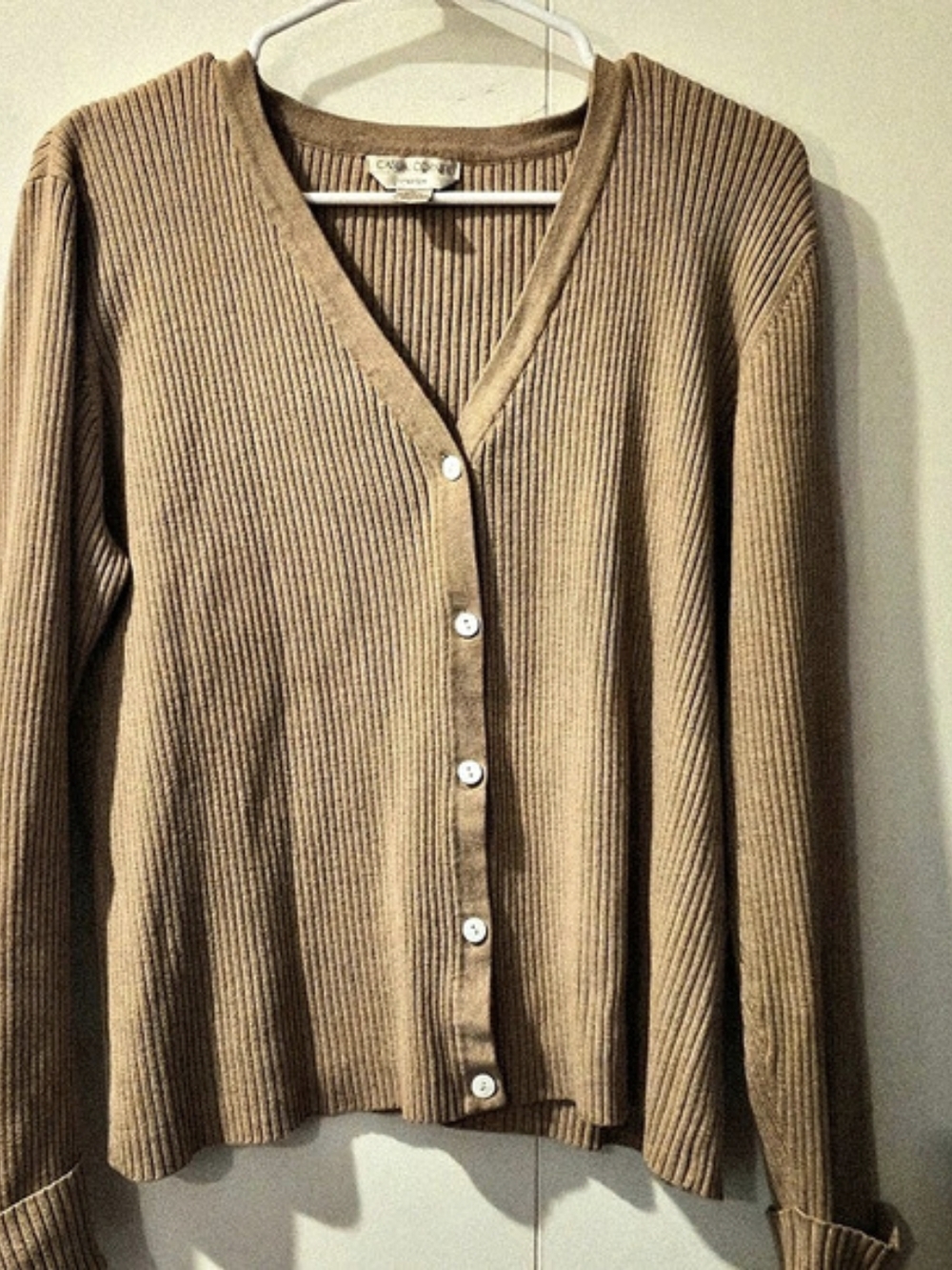 VTG Casual Corner Tan Ribbed Knit Cardigan V-Neck Button Up Sweater XL
